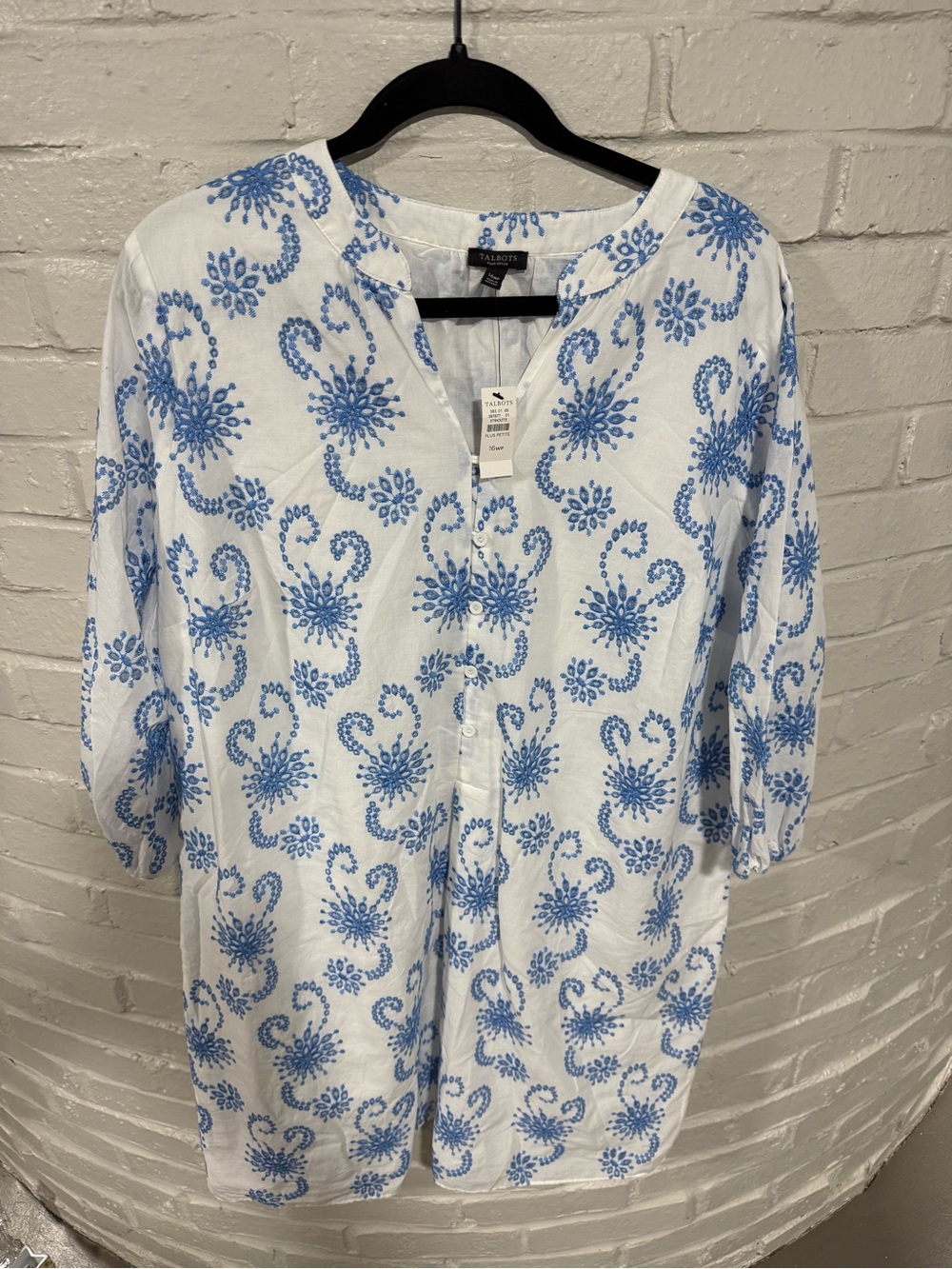 NWT Talbots White Button-Front Dress with Blue Floral Motif